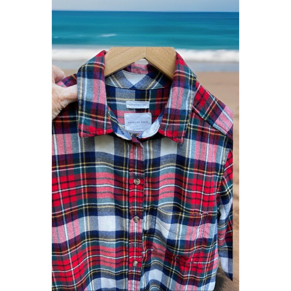 American Eagle Ahh Amazing Soft Plaid Flannel Shirt Ladies Small Boyfriend Cut